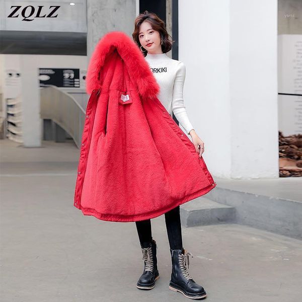 

zqlz 2021 new winter jacket women down cotton coat female casual warm red parka winter clothes fur hooded black overcoat mujer1
