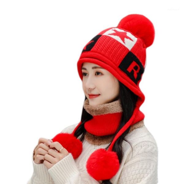 

balaclava winter hats for women skullies beanies riding windproof mask ear pompom protect thick warm knitted cap female1, Blue;gray