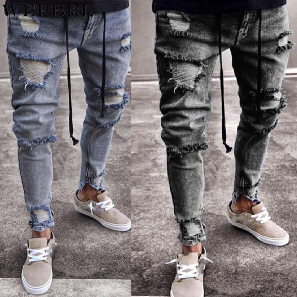 

wepbel mens ripped jeans stretchy skinny slim fit denim pants destroyed frayed moustache effect trousers fashion streetwear, Blue