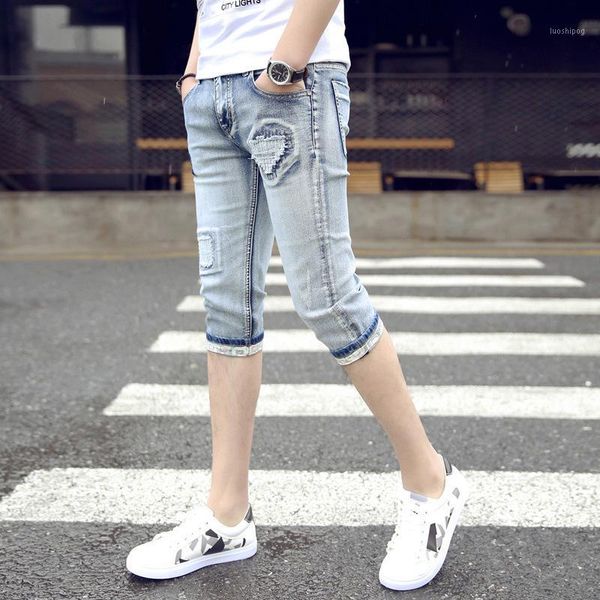 

men's jeans 2019 summer new skinny fitting slim denim shorts solid color patch pants streetwear shorts ripped jeans for men1, Blue