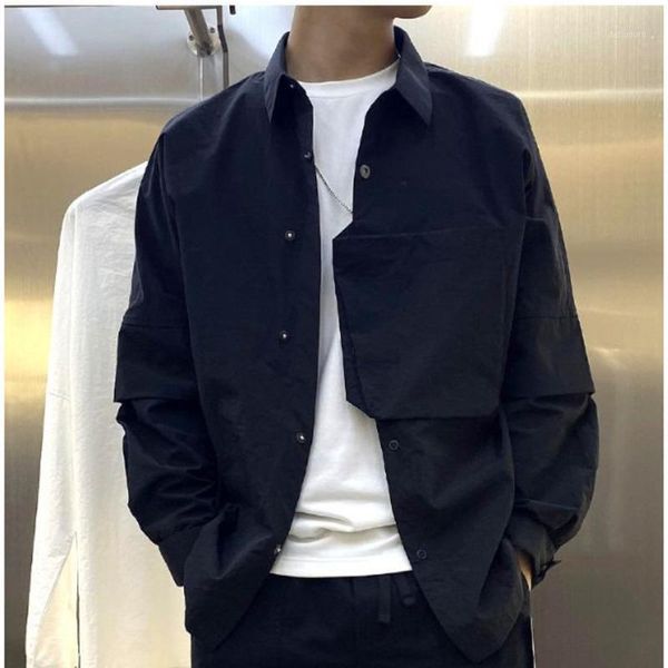 

men's wear patchwork patch solid color black white shir long sleeve irregular pocket male's casual fashion 1, White;black