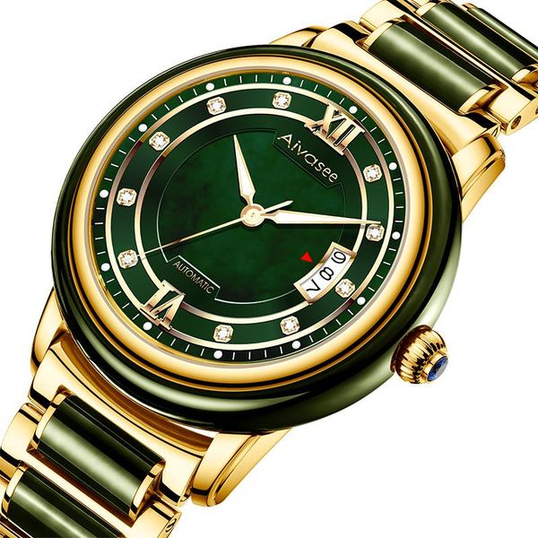 

wristwatches luxury natural hetian jade men's automatic mechanical watch calendar waterproof luminous men as gift, Slivery;brown