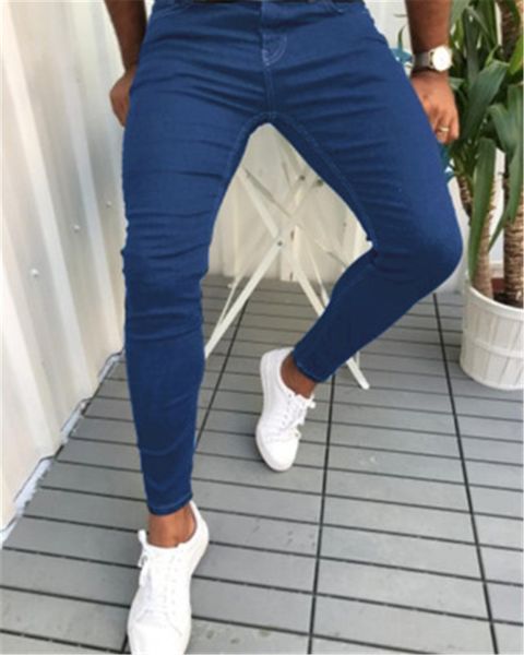 

mens solid color skinny jeans fashion trend elasticity hip hop denim pencil pant clothing spring male zipper buttons washed casual slim jean, Blue
