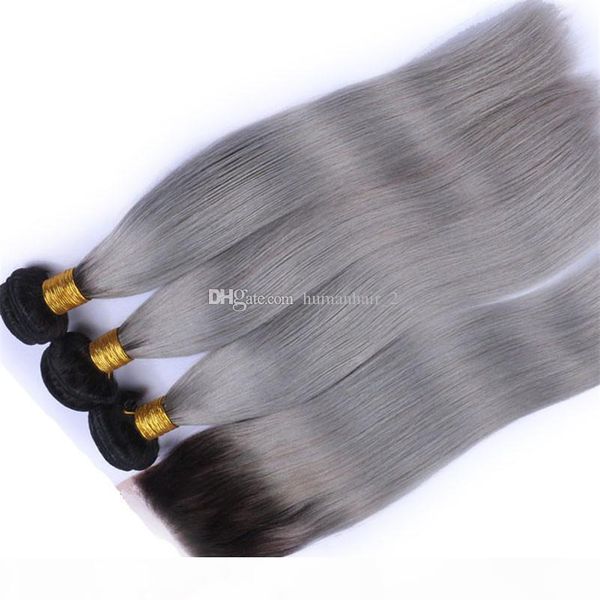 

grey human hair with lace closure silk straight virgin malaysian hair with lace closure gray human ombre hair with lace closure, Black;brown