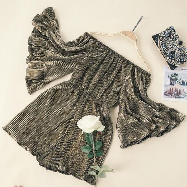 

amolapha women shiner playsuits slash neck flare sleeve female woman casual playsuit costumes1, Black;white