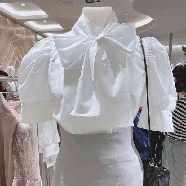 

women's polos summer chic bow design blusas elegant temperament puff sleeve women blouse japan style sweet cute solid soft shirts brq9, White