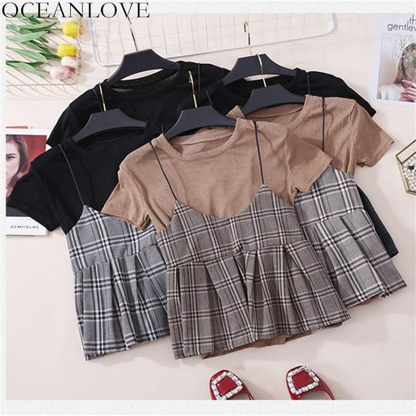 

oceanlove 2020 spring summer all match t shirt two pieces plaid camis women short sleeve fashion korean short t-shirt 115041, White
