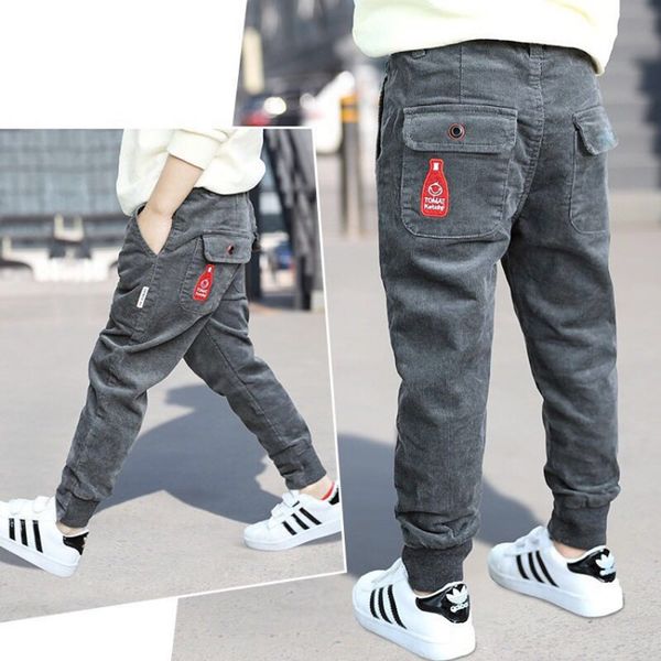 

boys girls autumn corduroy pants with fleece long trousers for boys thin pants kids multi-pocket pants versatile without fur lj201019, Blue