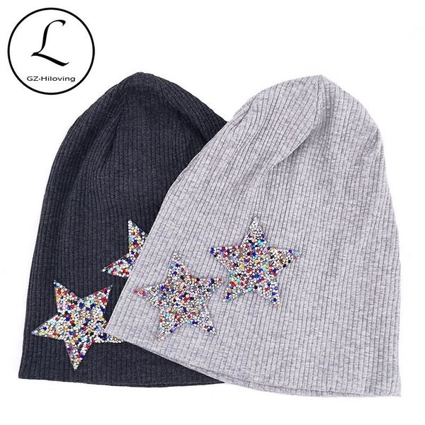 

gzhilovingl colorful rhinestones star beanies hats for woman ladies new autumn winter cotton ribbed slouch skullies hats y200102, Blue;gray