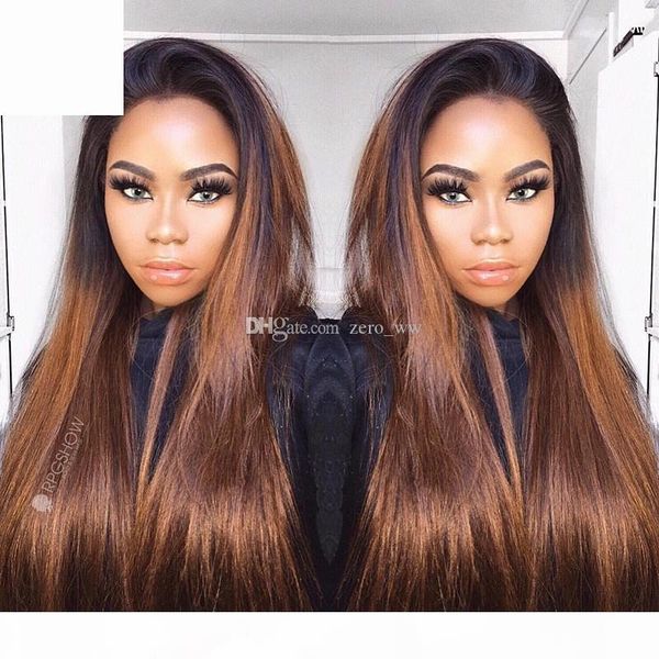 

straight glueless full lace wigs remy human hair with baby hair ombre 1b 30 dark roots blonde for black women, Black;brown