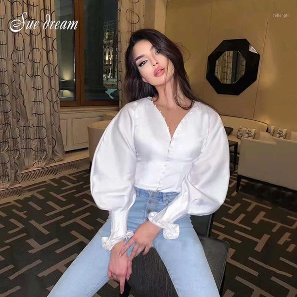 

2020 fall women's single row pearl button puff sleeve white high waist slim short casual thin