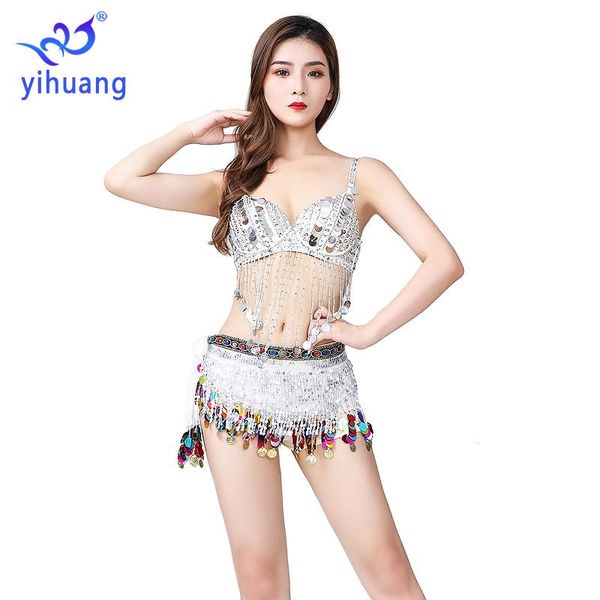 

shining festival costumes halloween party clothing belly dance costumes 2pcs dj club performance outfits bra & hip scarf silver, Black;red