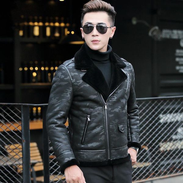 

men's leather & faux mens sheepskin genuine men winter sheep shearling jacket real fur coat chaqueta l17-902 kj1301, Black