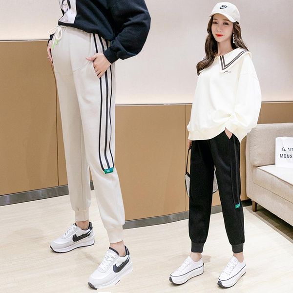 

2052# maternity pants spring autumn side strip adjustable elastic waist belly support pants maternity trousers, White