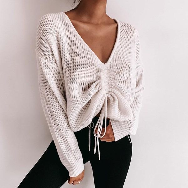 

fashion 2019 autumn drawstring knit jumper women green white batwing sleeve knitted sweater ladies loose v neck sweater1, White;black