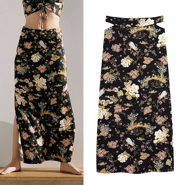 

2021 new black high waist cut out maxi women autumn vintage chinese style printed long skirt hem side vent ladies skirts ekah