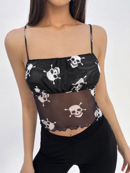 

skull print contrast mesh cami 98ds#, White