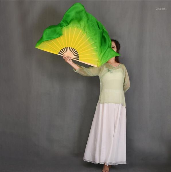 

yellow green silk veil handmade belly dance fan pair(1l+1r) 20 inches half circle real silk dance fan props adults, Black;red