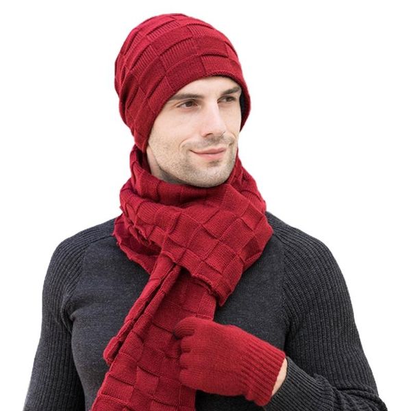 

hats, scarves & gloves sets men winter 3pcs solid plaid knit beanie hat long scarf touch screen set xx9d, Blue;gray