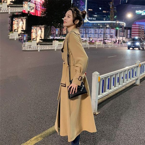 

2020 new spring autumn long trench coats fashion slim temperament british wind windbreaker coat women overcoats m4771, Tan;black
