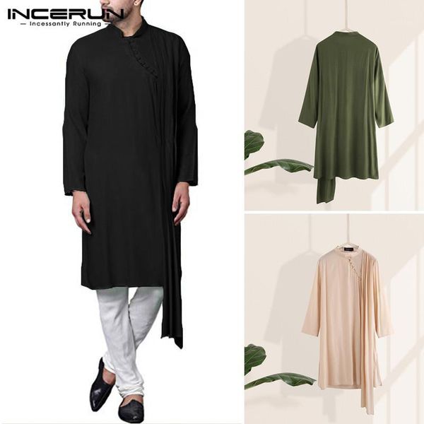 

incerun clothes men kurtas long shirt long sleeve solid 2020 stand collar retro irregular shirts men muslim kaftan s-5xl1, White;black