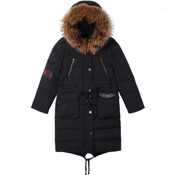 

real fur collar down coats winter was thin warm duck down coat female natural fur hooded thick warm parkas f9581, Black