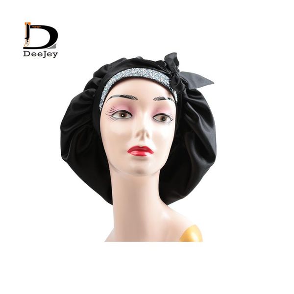 

new design logo custom women hair diamond blingbling black satin bonnet with tie extra large printing sleeping cap