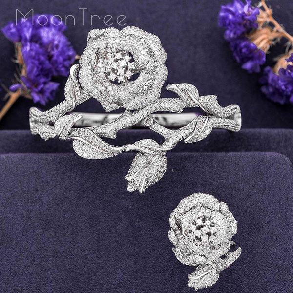 

moontree rose flower leaf fashion luxury super shiny silver color wide bangle ring sets for women engagement