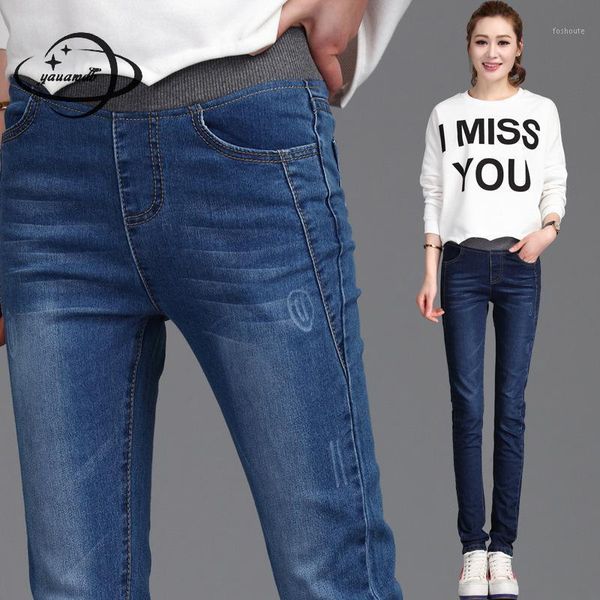 

womens jeans spring autumn female trousers clothing pencil pants elastic waist full length solid color slim ladies clothes h381, Blue