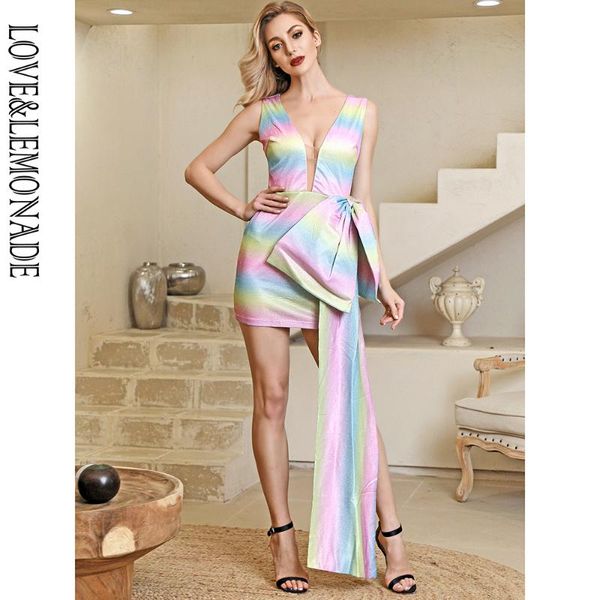 

lovelemonade sexy глубокий v-образным вырезом большой лук и стримеров красочные светоотражающий материал bodycon мини платье партии lm82536, Black;gray