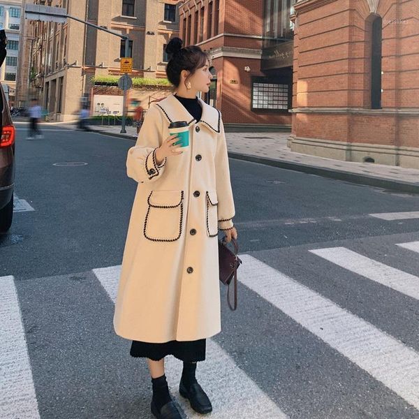 

women's wool & blends 2021 winter fashion casual long coats women blend trench loose scarf collar patchwork outerwear ladies y3801, Black