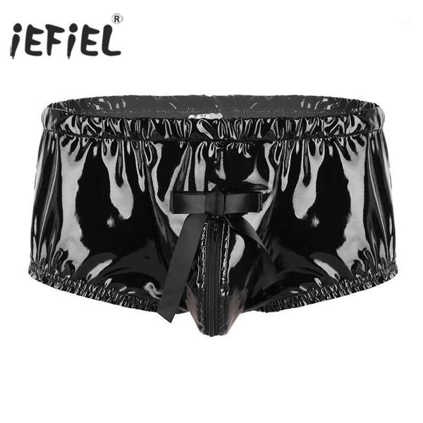 

iefiel mens lingerie night wetlook boxer shorts zippered bulge pouch panties back frilly ruffled high cut briefs sissy underwear1, Black;white
