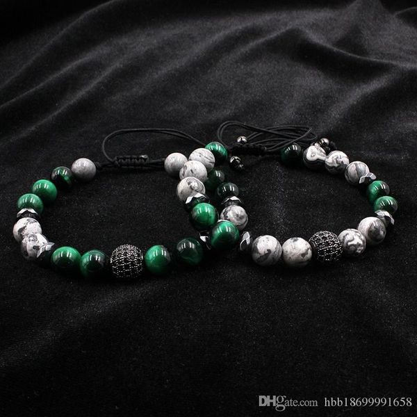 

natural gray map stone bracelet pave cz charms bracelet for men jewelry green tiger eye stone homme buddha bracelet, Black