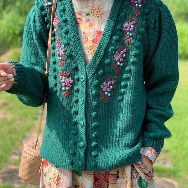 

mzjxe v-neck bear girl autumn new heavy industry large ball loose sweater 2020 cardigan coat versatile four colors coat sweater embroidery s, White;black