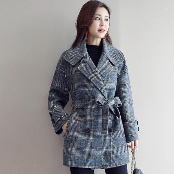 

women jacket woolen plaid double breasted suit collar loose ladies coat 2019 winter long sleeve pocket wool fashion women jacket1, Black