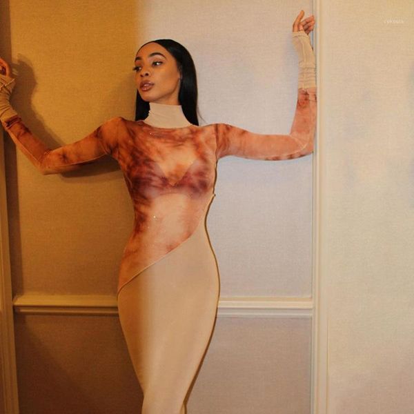 

yiduo chic tie dye print high street long dress woman fall winter elegant bodycon clubwear 2020 stretch turtleneck maxi dresses1, Black;gray