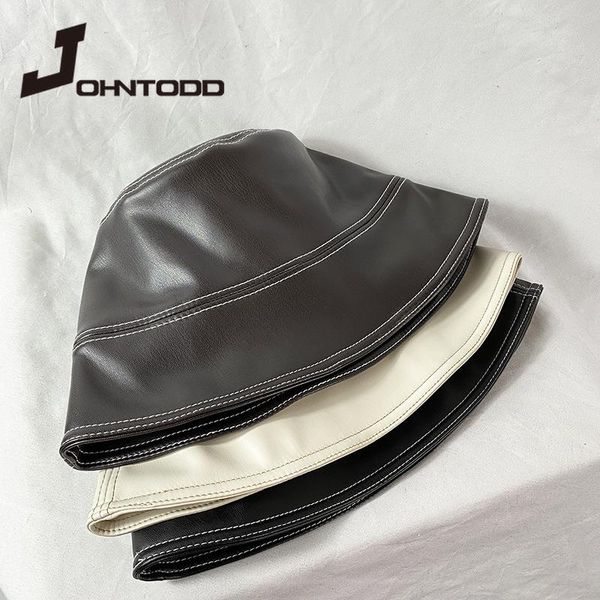 

fashion pu bucket hat leather fishing hat foldable mountaineering hip hop street shooting waterproof panama men and women, Blue;gray