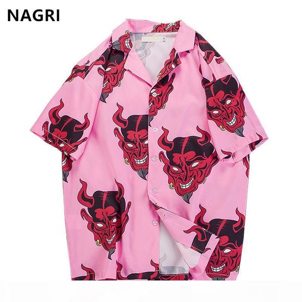 

hip hop streetwear shirts men devil full printing short sleeve summer floral rapper harajuku loose hawaiian korean shirts camisa q190330, White;black