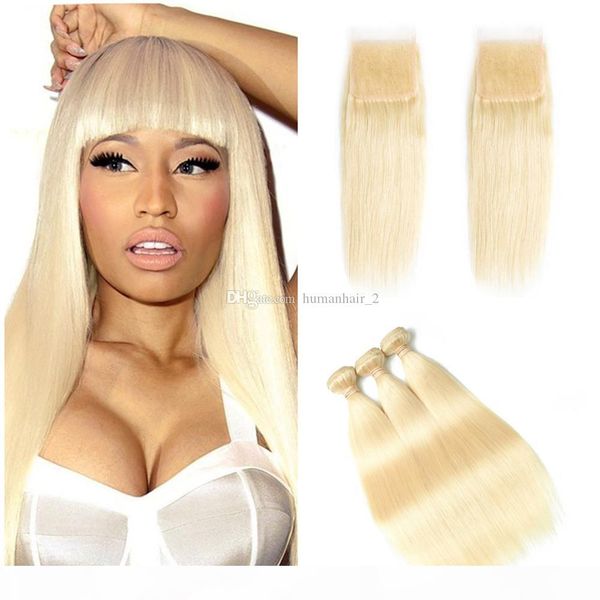 

blonde silk straight human hair 3 bundles with lace closure #613 pure color platinum bright blonde hair extensions with 4*4 lace closure, Black;brown
