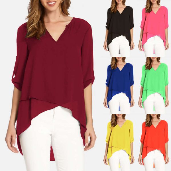 

2019 v-neck 3 / 4 pull sleeve loose and irregular chiffon shirt 7 colors 8 siz, White