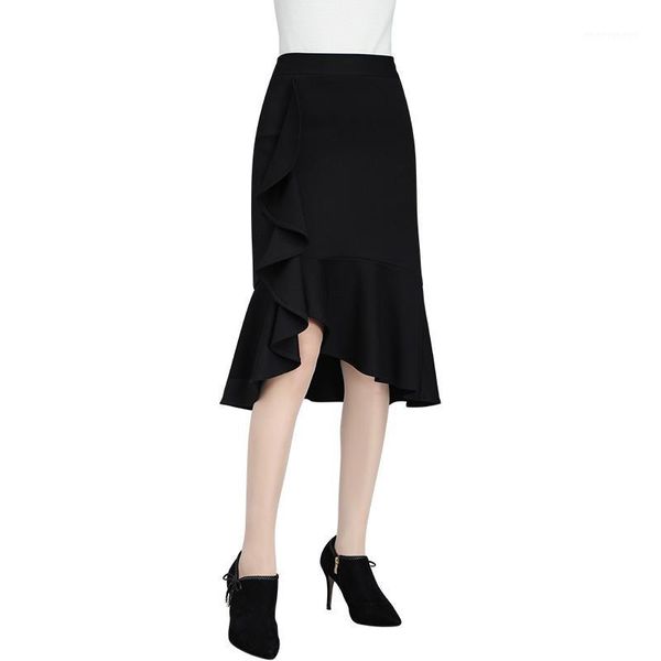 

skirts 2021 autumn women's stretch slim fishtail skirt business elegance black office lady ruffles skirt1