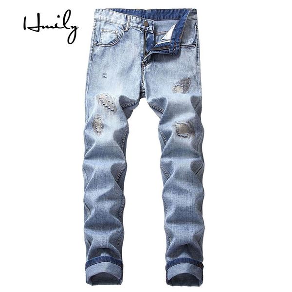 

men's jeans hmily men fashion designer hole brand trousers mens slim straight denim man, Blue