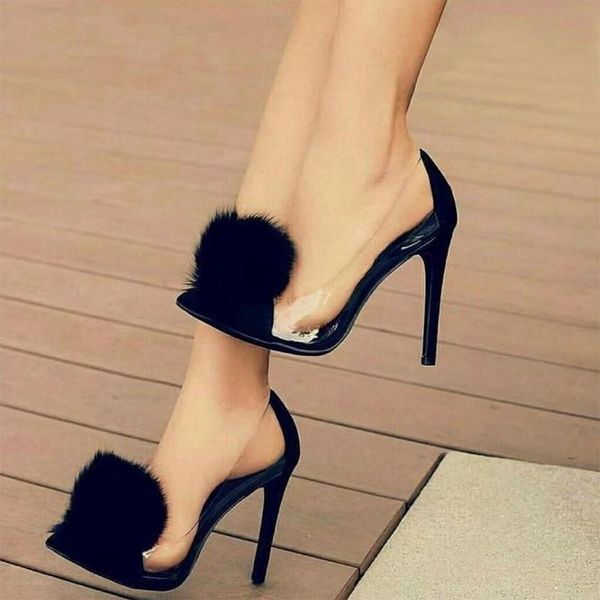 

2021 new transparent pumps pvc slip on thin high heels pointed toe women party shoes wedding shoes plush pumps size 35-40, Black