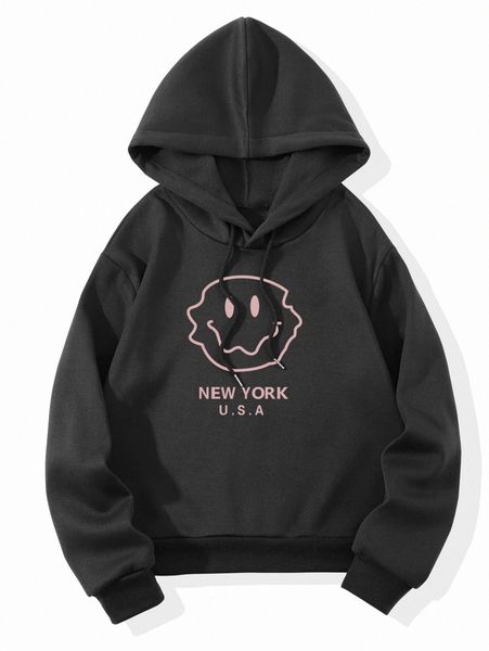 

letter and cartoon face print drawstring thermal lined hoodie l8dv#, White;black