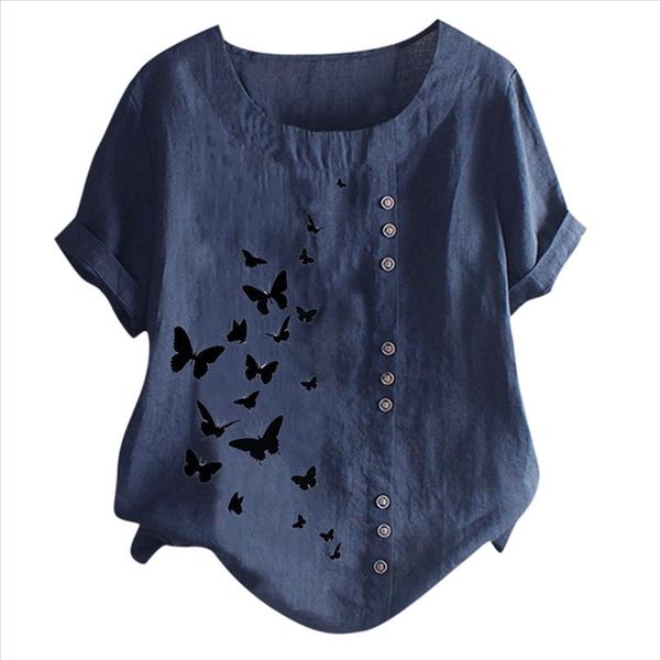 

feitong blouses women casual plus size o neck butterfly printed loose button tunic shirt blouse streetwear, White