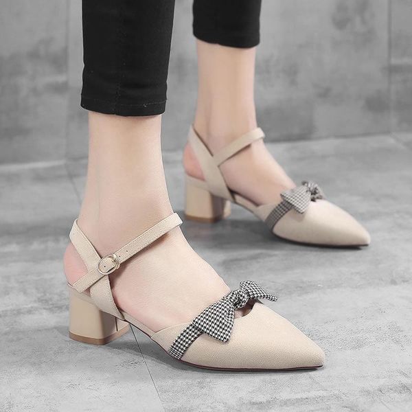 

retro sandals female solid flock pointed toe thick high heels word buckle strap bow knot women shoes woman 2020 summer sandals, Black