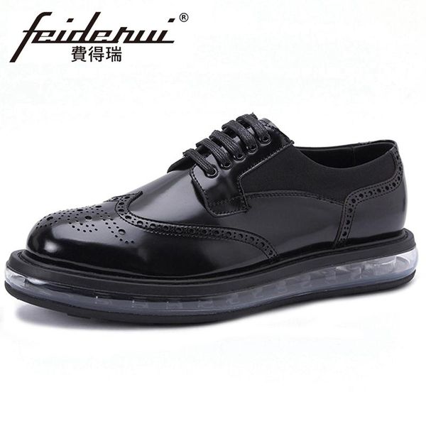

fashion genuine leather men's air cushion carved oxfords round toe flat platform brogues wingtip man comfortable shoes hqs487, Black