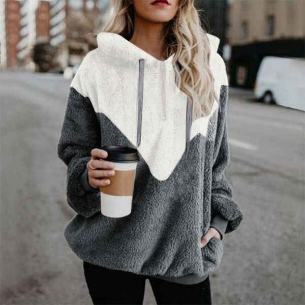 

women hooded sweatshirt patchwork winter thicken warm wool outwear ladies outdoor windproof hooded pullovers jumper tunics, Black