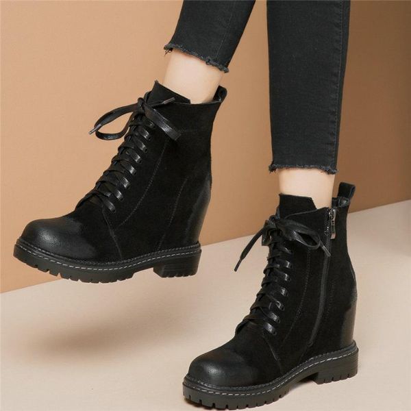 

high punk trainers women genuine leather hidden wedges high heel riding boots female lace up platform creepers casual shoes, Black