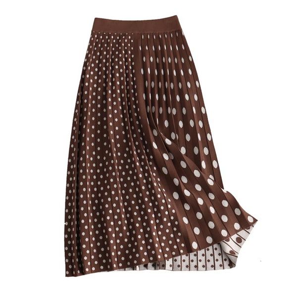

2021 new high waist dots print knitted women winter a-line long chic autumn brown skirt faldas jupe femme saia 131f, Black